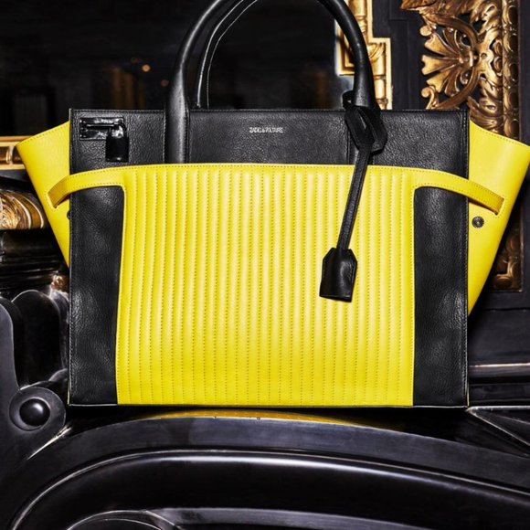 ZADIG & VOLTAIRE LARGE DRAMATIC CANDIDE YELLOW AND BLACK LEATHER TOTE - Picture 3 of 11